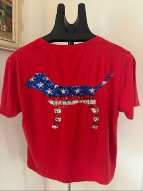 Pink Victoria's Secret Americana Campus Pink Bling Sequins Dog Tee Size S